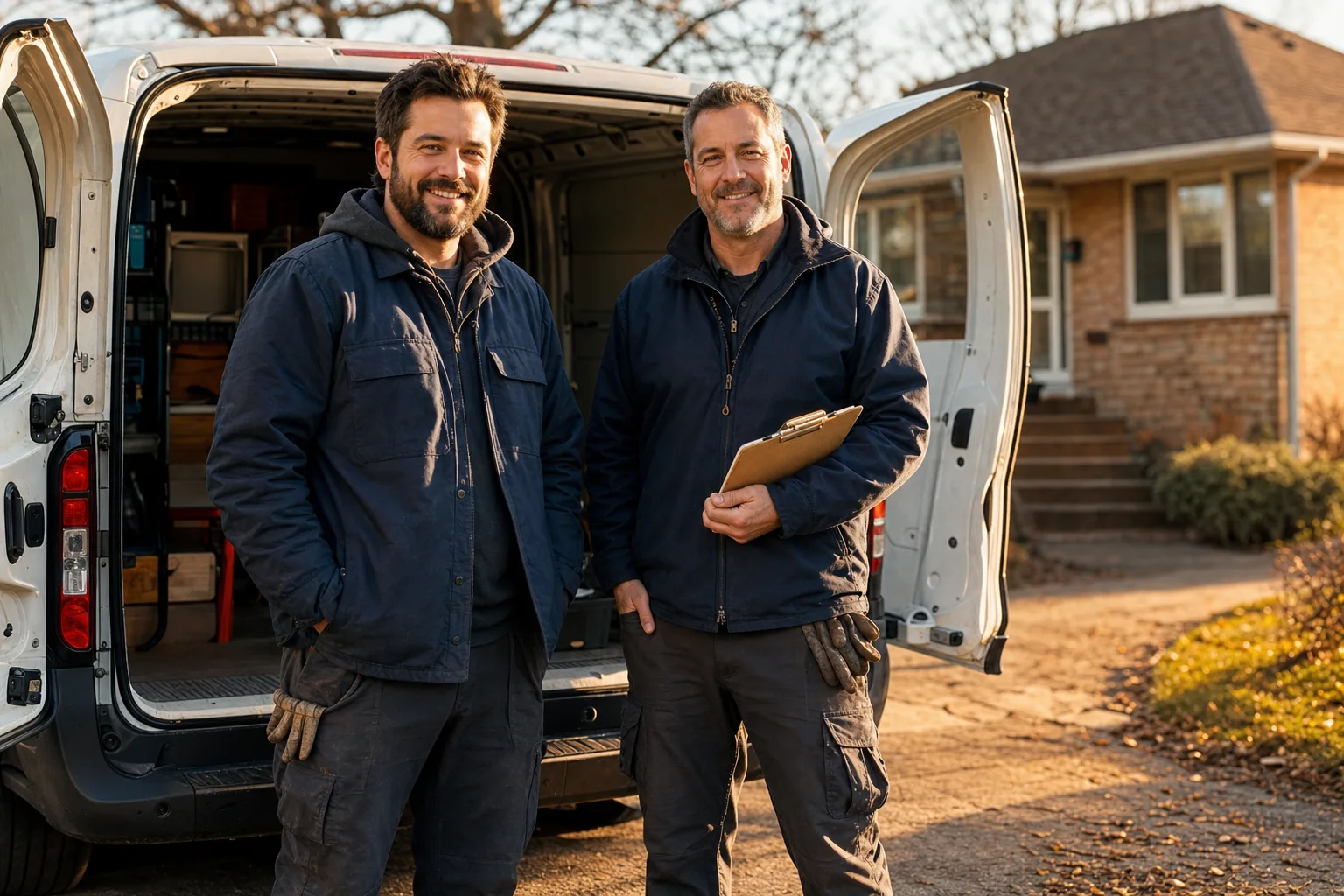 Deux techniciens du Maître du Grenier devant leur camion de service