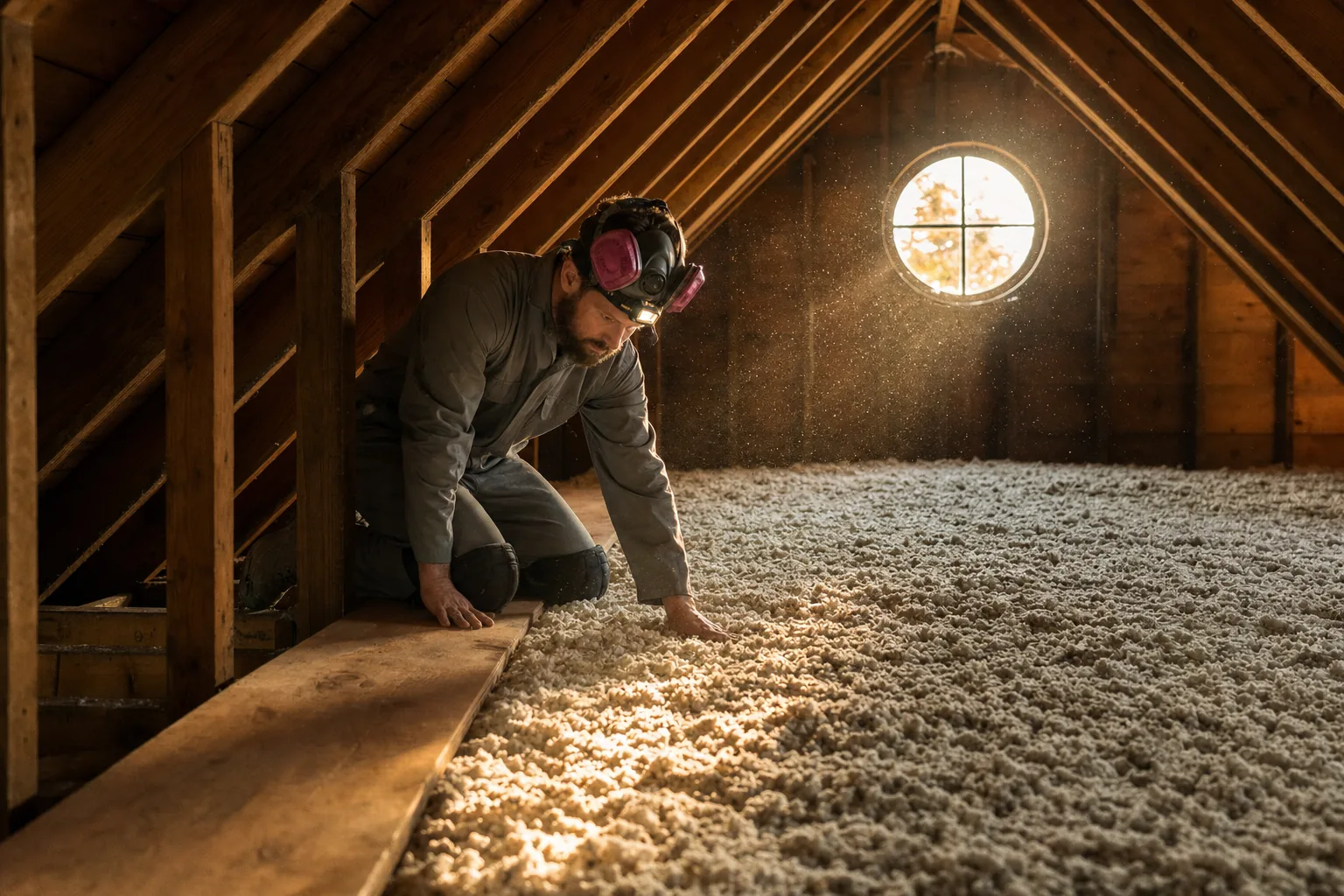 Technicien inspectant un entretoit fraîchement isolé à la cellulose