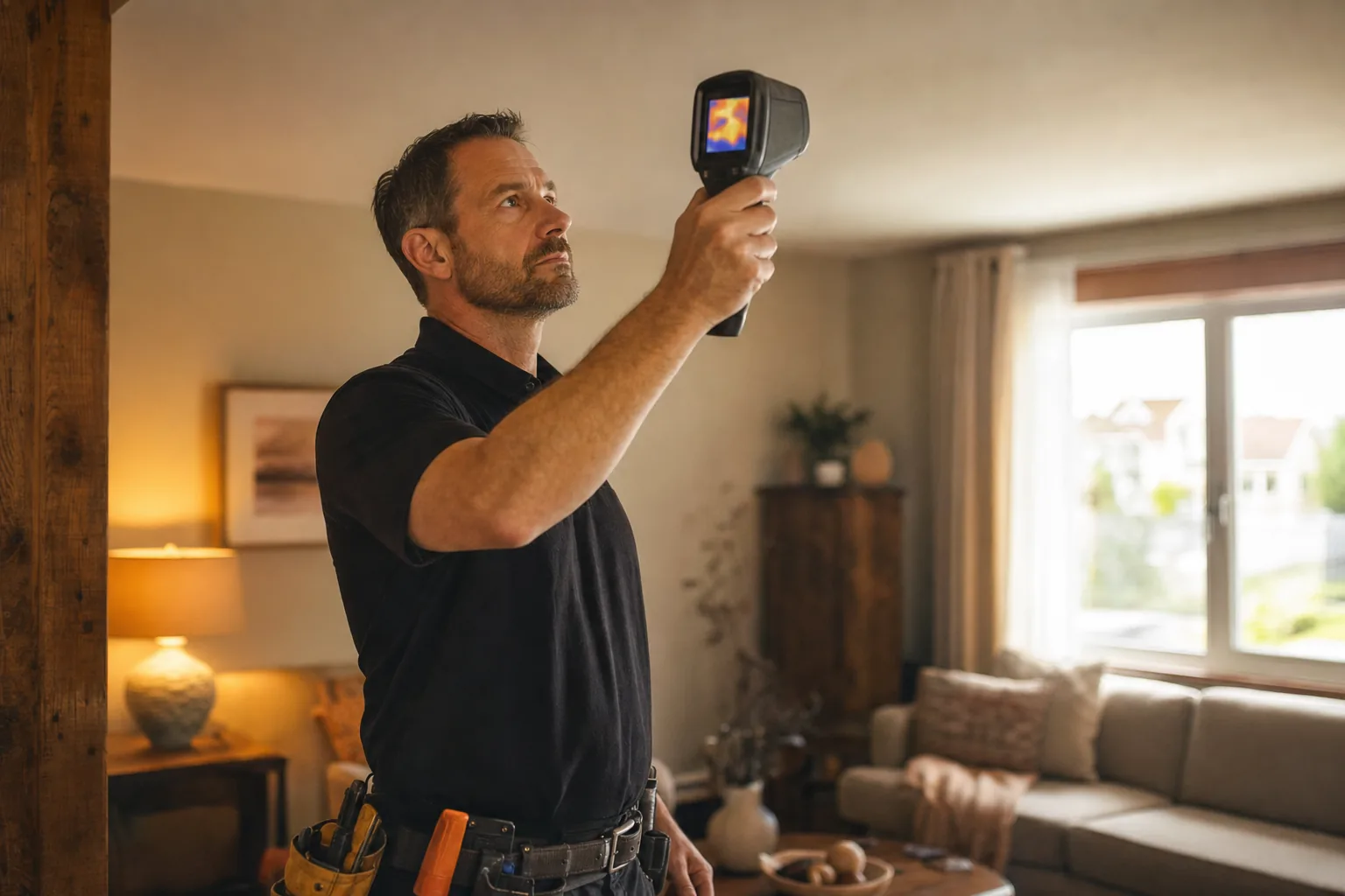 Technicien utilisant une caméra thermique pour repérer les pertes de chaleur au plafond