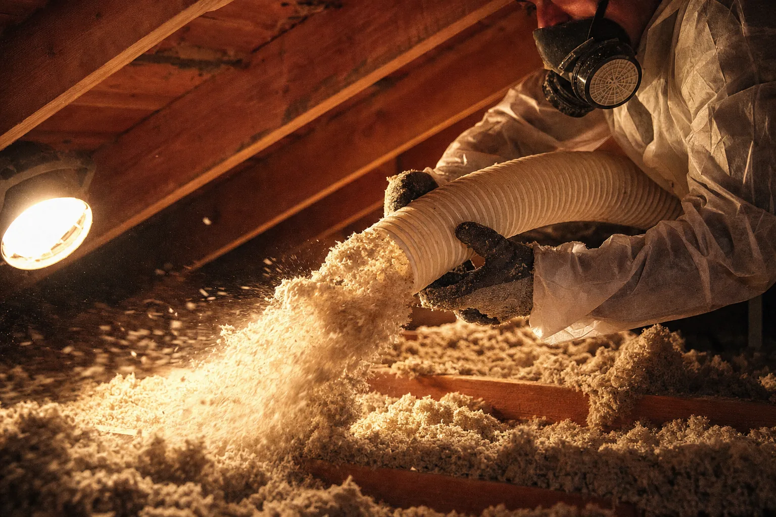 Soufflage de cellulose entre les solives d'un entretoit